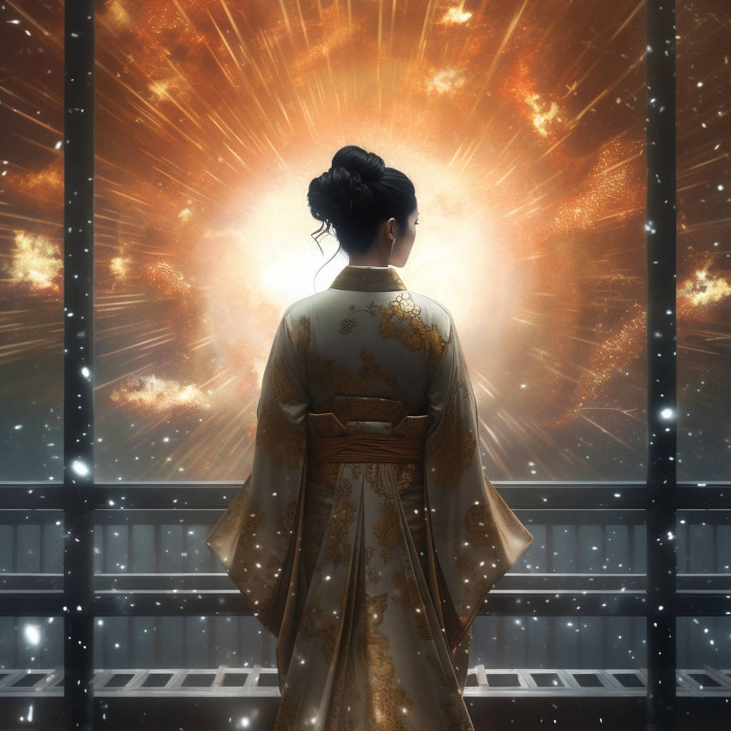 Image of a woman in a Japanese woman in a Kimono with swords standing in a starship