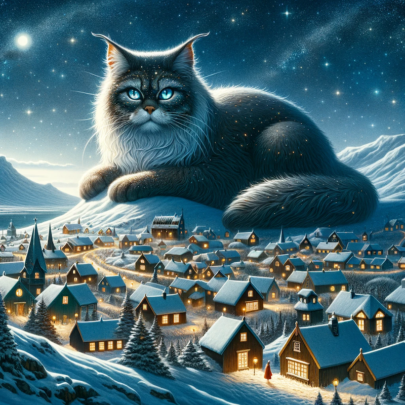 AI-generated image of a large cat above a sleeping Icelandic town